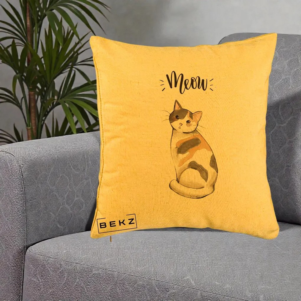 Perna Personalizata Pisica Meow Acuarela, 40x40 cm, Galben, Husa Detasabila, Perna Inclusa, BEKZ®