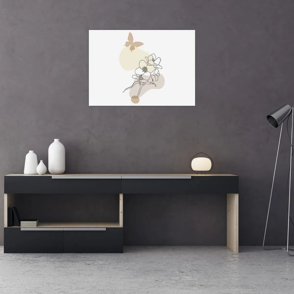 Tablou pe sticlă - Flori bej cu fluture N⁰3 (70x50 cm)