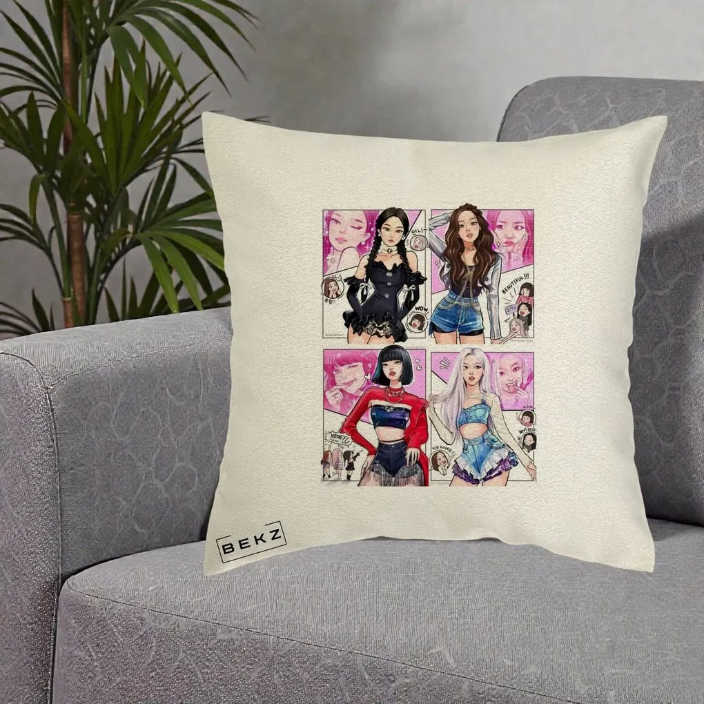 Perna Personalizata K-pop BLACKPINK Fanart Manga Benzi Desenate 4 Membre, 40x40 cm, Ecru, Husa Detasabila, Perna Inclusa, BEKZ®