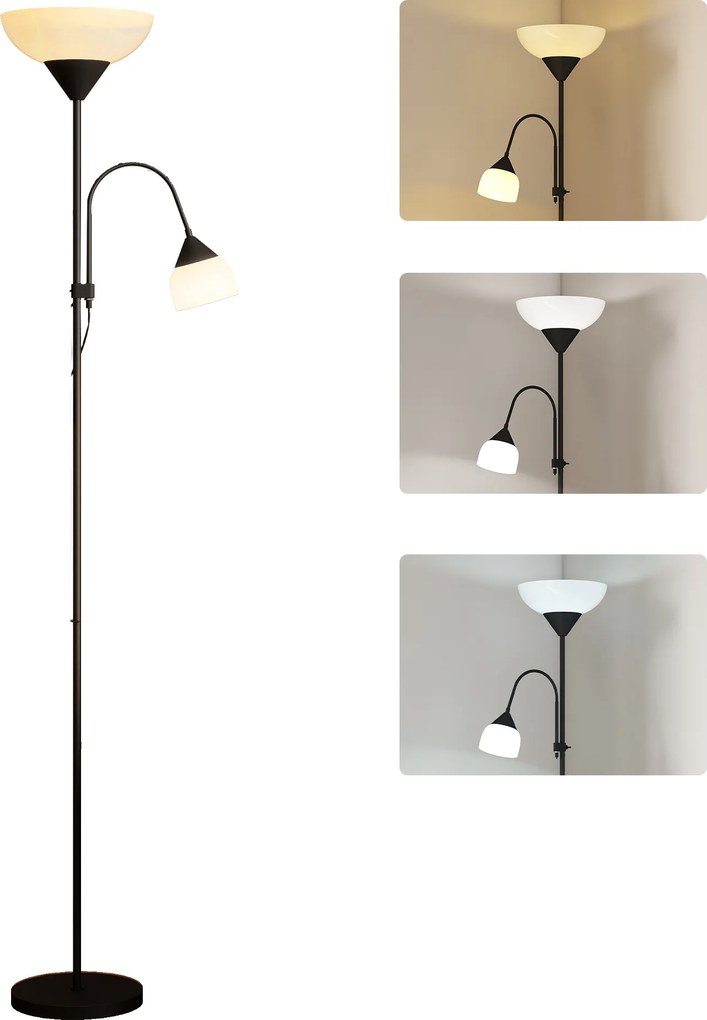 HOMCOM Uplighter, Lampă mamă-copil de podea, lampă înaltă cu 3 temperaturi de culoare și gât de lebădă flexibil, Negru | Aosom Romania