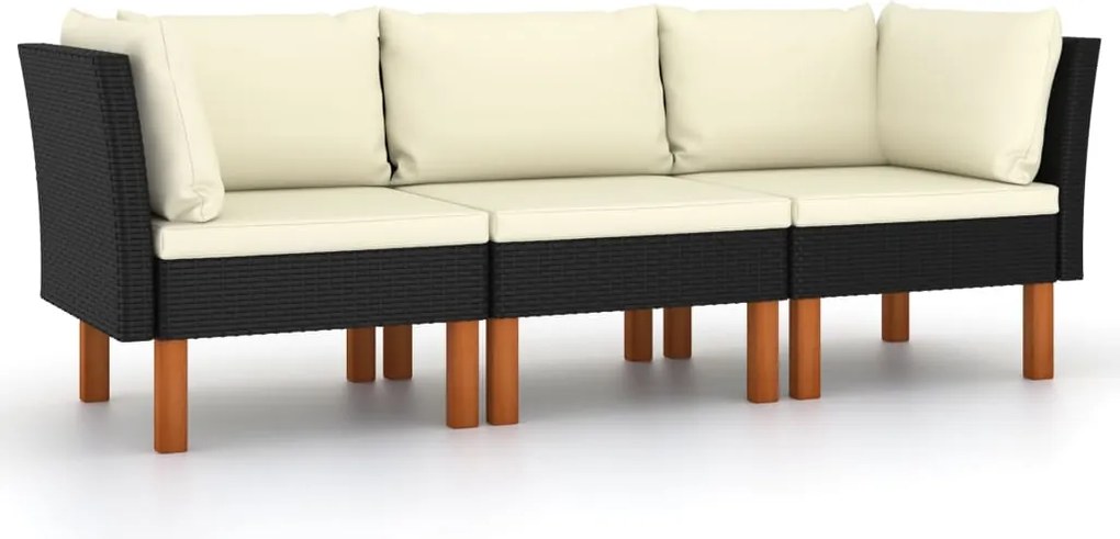 vidaXL Canapea de grădină cu 3 locuri, cu perne, negru, poliratan