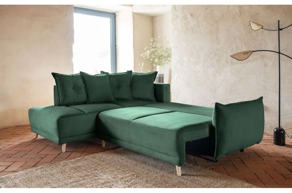 Colțar verde extensibil cu tapițerie din catifea reiată (colț stânga) Lazy Lukka – Miuform