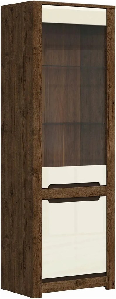 Vitrina RUSO, stejar april/alb perla, PAL/sticla securizata, 69x46x205