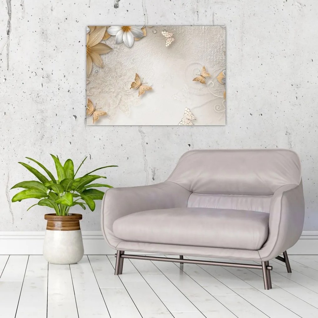 Tablou - Flori cu fluturi (70x50 cm)