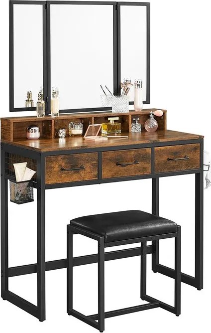 Măsuță de toaletă cu taburet din piele ecologică PIERRE, 90x40x141cm, maro/neagră Vasagle