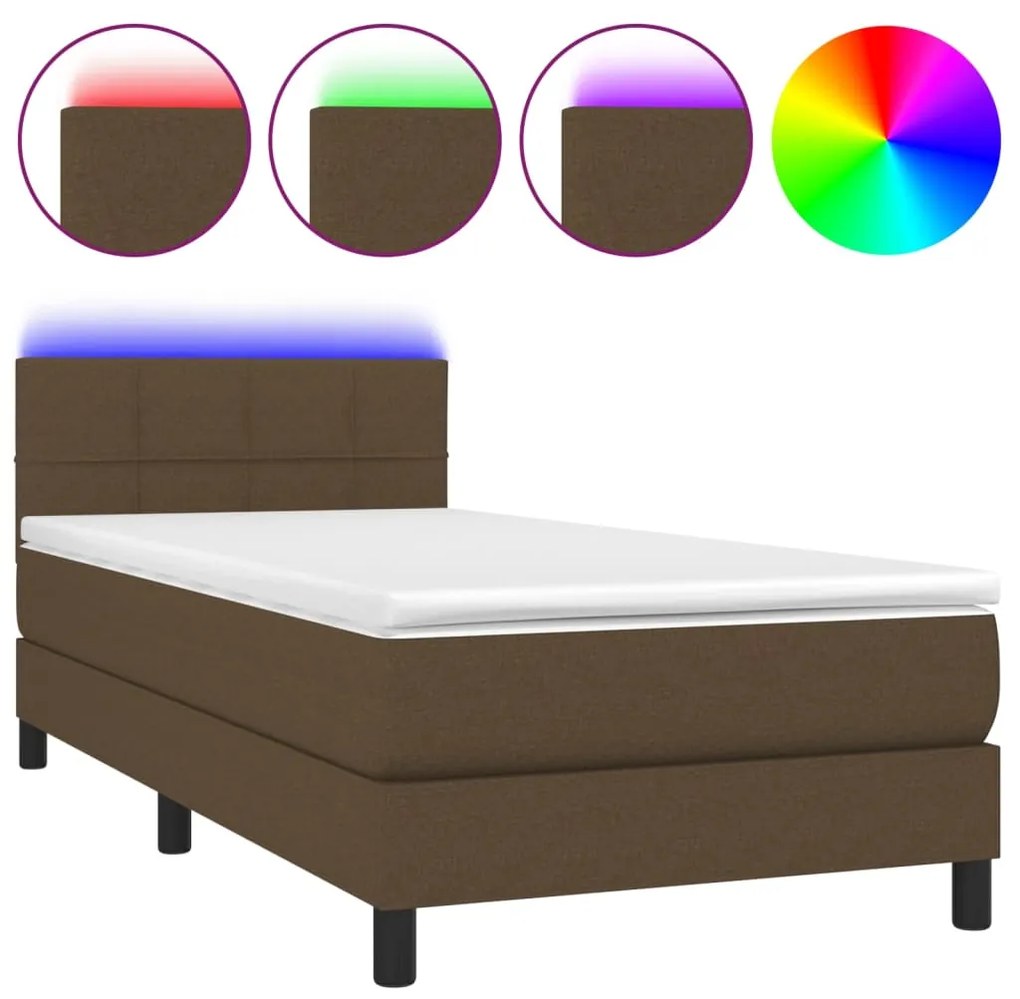 3133112 vidaXL Pat cu arcuri, saltea și LED, maro închis, 80x200 cm, textil