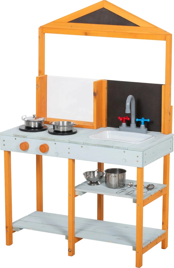 AIYAPLAY Bucătărie de noroi pentru copii, bucătărie de joacă din lemn pentru exterior cu plită, chiuvetă detașabilă, rafturi pentru copii 3-8 ani, Albastru deschis | Aosom Romania