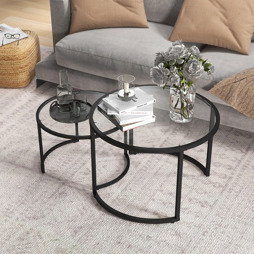 HOMCOM Set de 2 Mese de Cafea Suprapozabile din Sticlă și Oțel, Ø70x47.5 cm și Ø54x42.5 cm, Negru | Aosom Romania