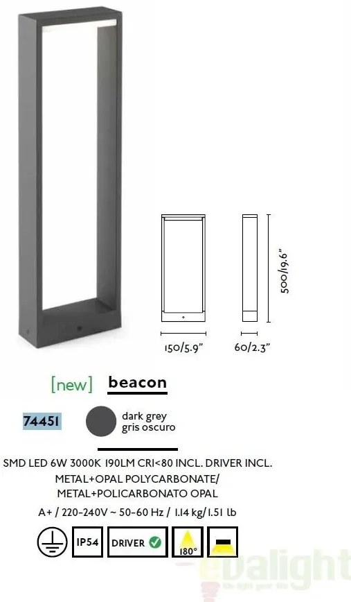 Stalp de exterior modern cu iluminat LED cu protectie IP54, H - 50 cm, ALP 74451