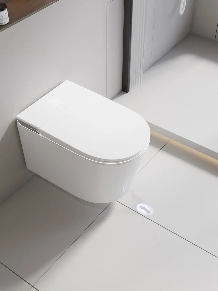 Smart WC 301 – Vas de Toaletă Inteligent cu Bideu, Sterilizare UV, Deschidere/Închidere automată, Senzor picior, Control inteligent al Temperaturii, Uscare aer cald, Iluminare de noapte, Afișaj LED, Telecomandă, Ceramică, Alb
