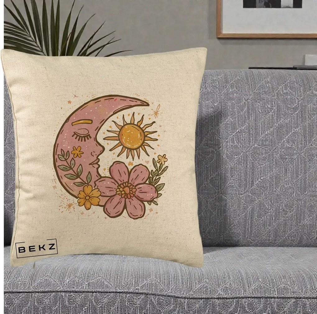 Perna Personalizata Luna si Soare Floral Boho, 40x40 cm, Bej, Husa Detasabila, Perna Inclusa, BEKZ®