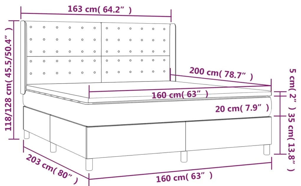 Pat cu arcuri, saltea si LED, crem, 160x200 cm, textil Crem, 160 x 200 cm, Nasturi de tapiterie