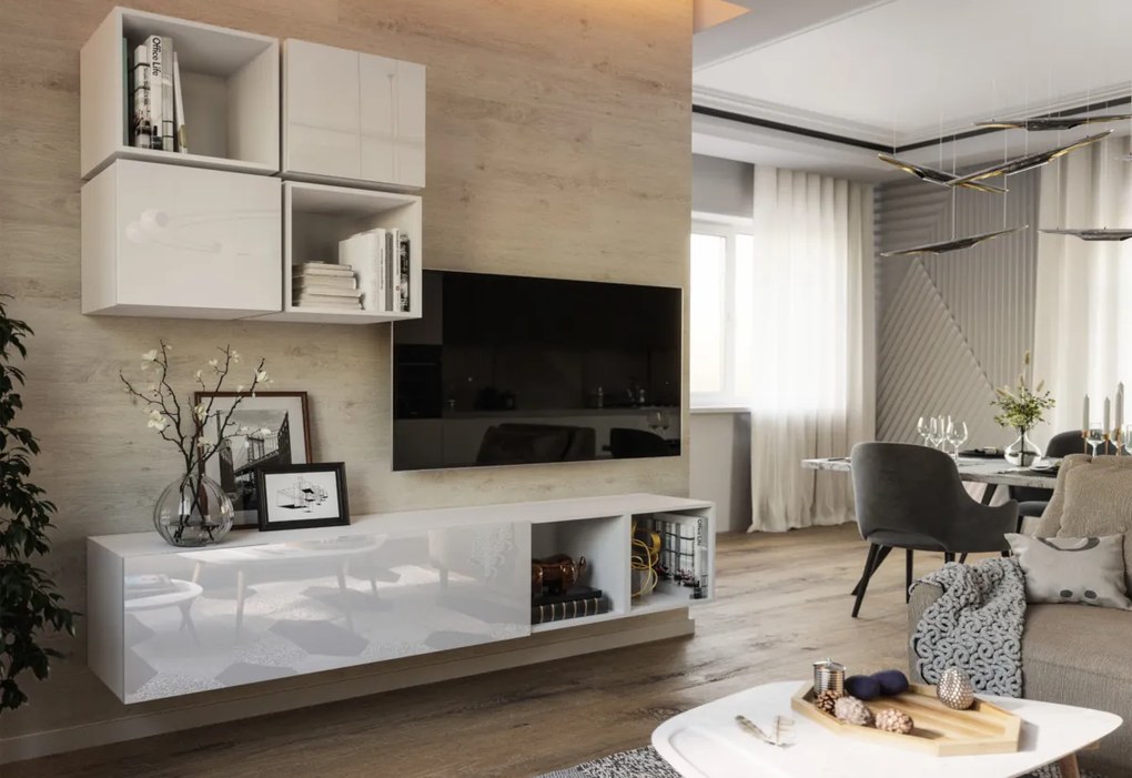Expedo Set mobilier ELPASO 43 + LED iluminat, negru/negru luciu