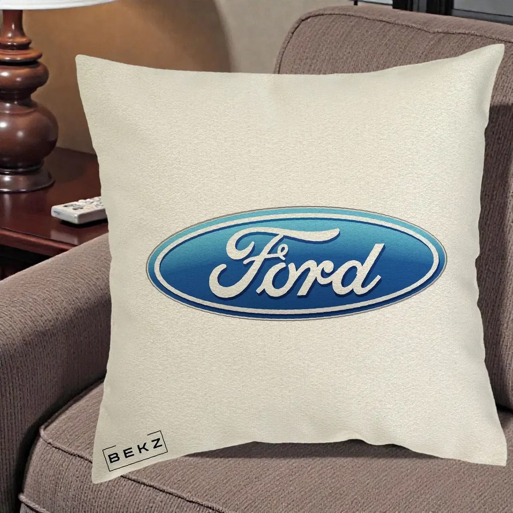 Perna Personalizata cu emblema Ford, 40x40 cm, Ecru, Husa Detasabila, Perna Inclusa, BEKZ®