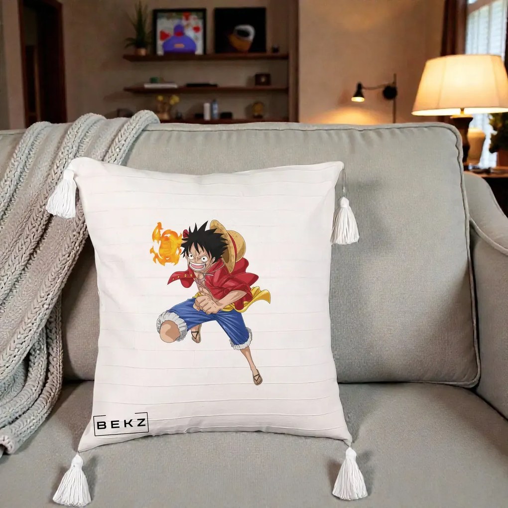 Perna Personalizata One Piece Luffy Gear Second Foc, 40x40 cm, Bej cu Franjuri, Husa Detasabila, Perna Inclusa, BEKZ®