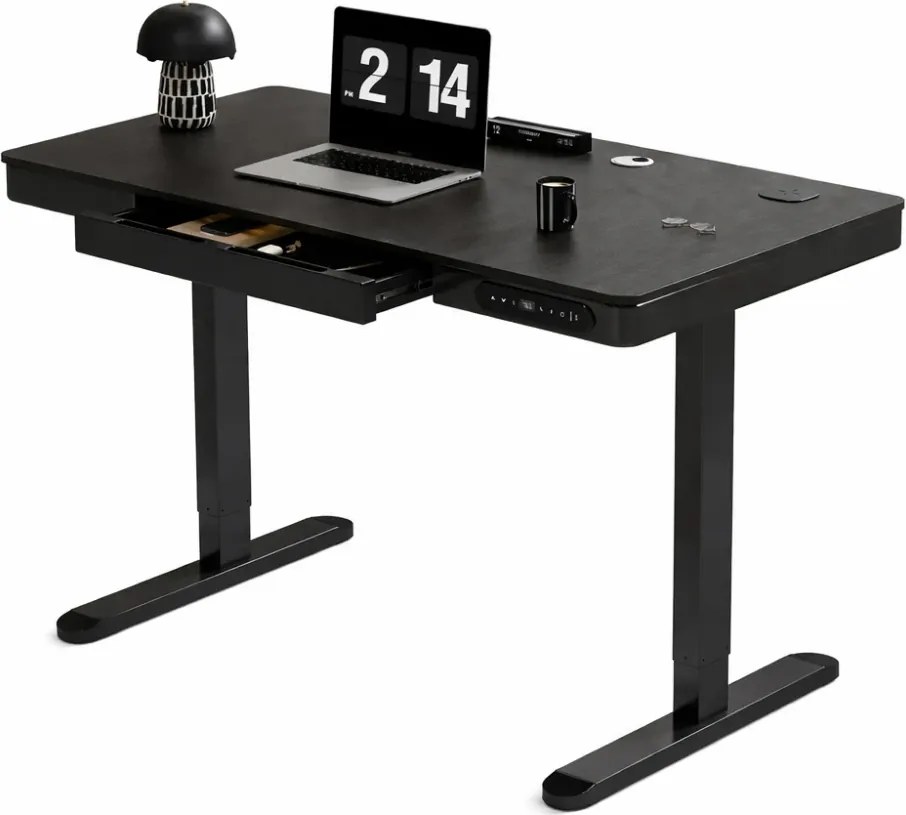 Birou Electric Reglabil pe Înălțime cu Sertar Ascuns, Încărcare Wireless & USB, Senzor de siguranță, 120x60, Negru