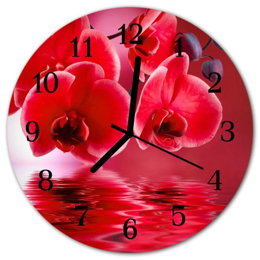 Ceas de perete din sticla rotund Orhideea flori roșii