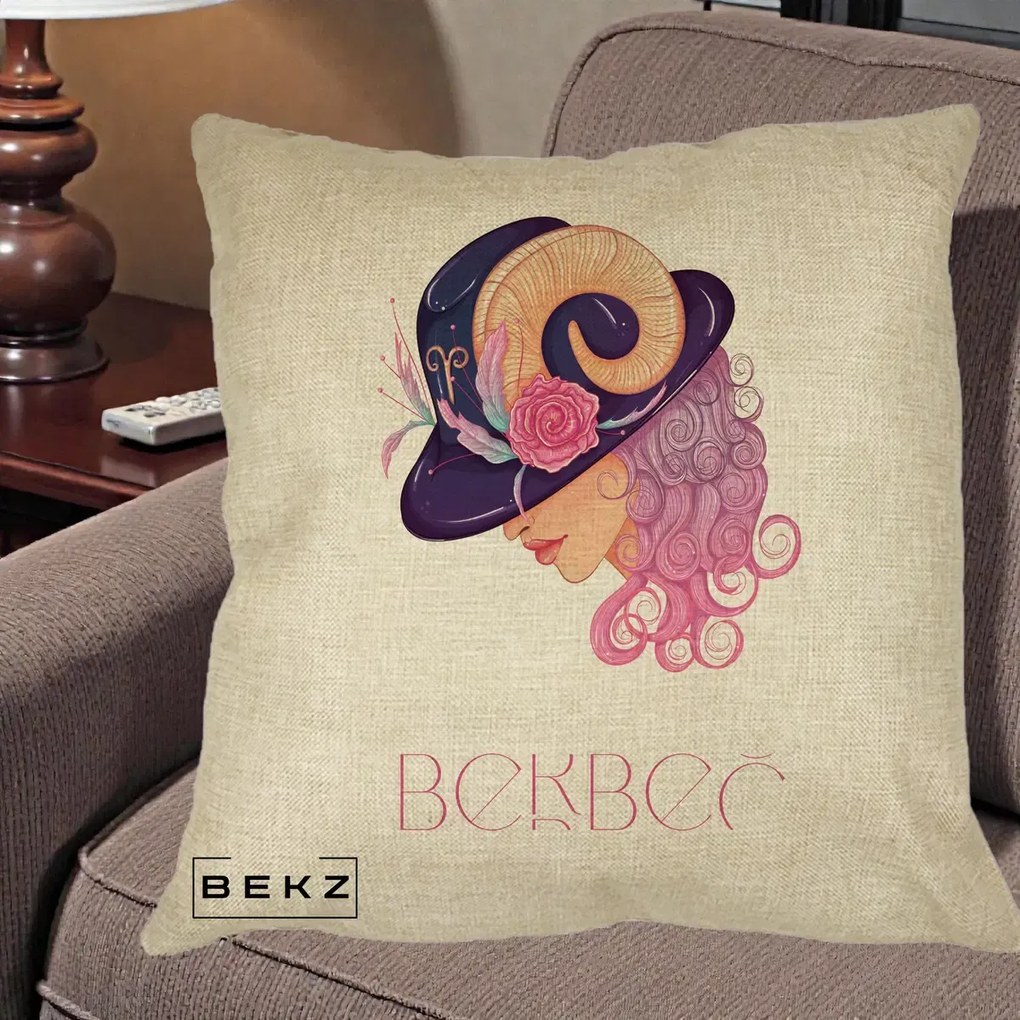Perna Personalizata Zodie Berbec, 40x40 cm, Crem, Husa Detasabila, Perna Inclusa, BEKZ®