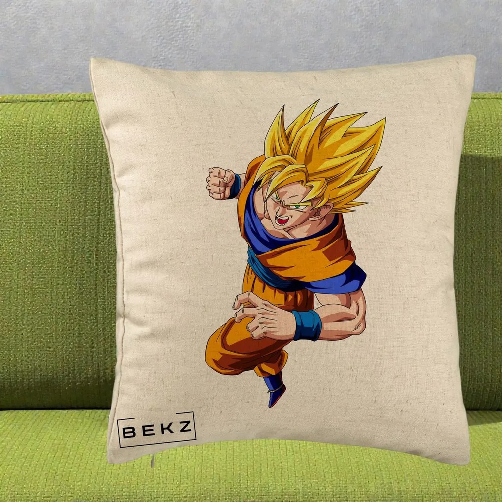 Perna Personalizata Dragon Ball Goku Super Saiyan 2 Lupta, 40x40 cm, Bej, Husa Detasabila, Perna Inclusa, BEKZ®