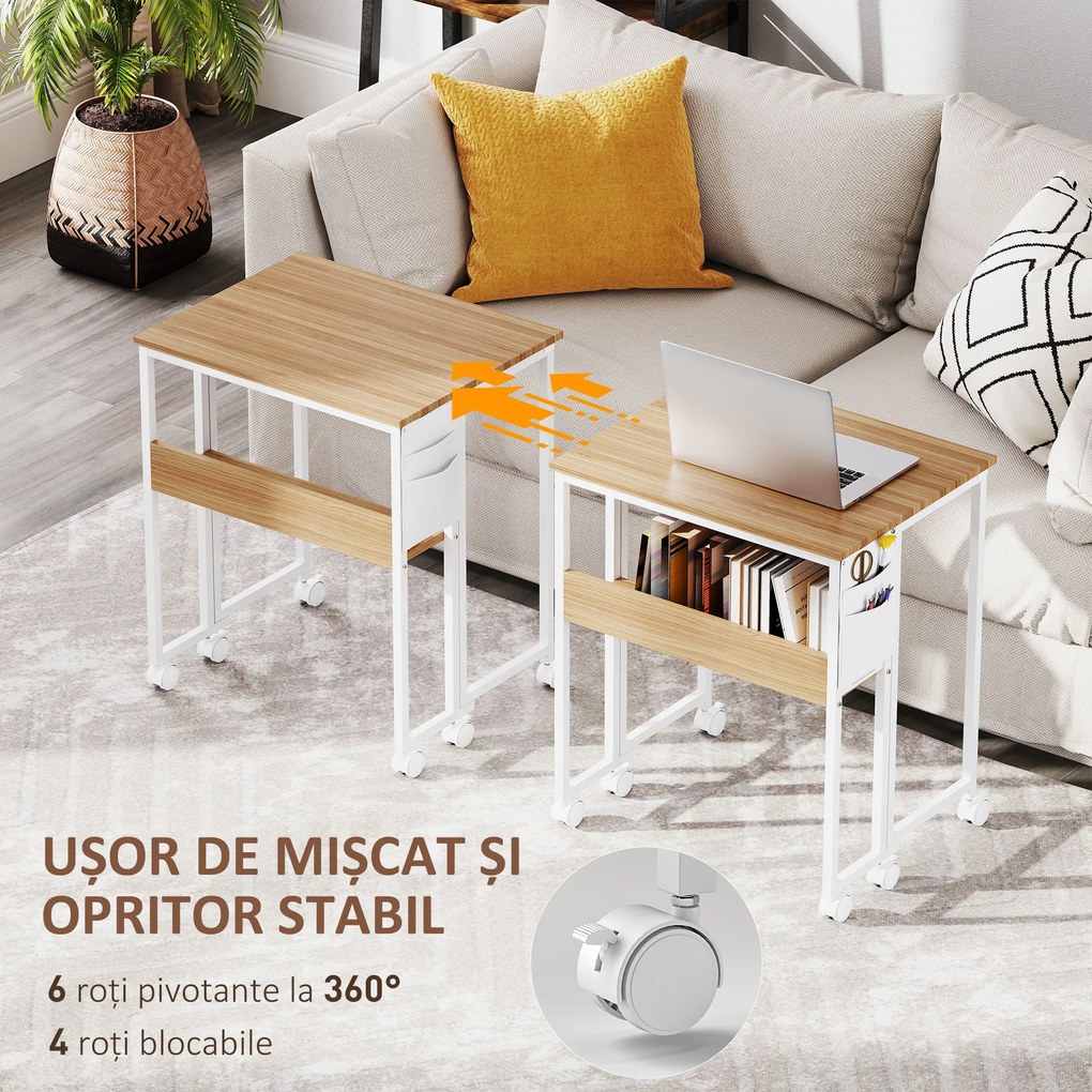 HOMCOM Birou Pliabil de 80 cm cu Raft de Depozitare și Blat Rabatabil pe Roți - Alb | Aosom Romania