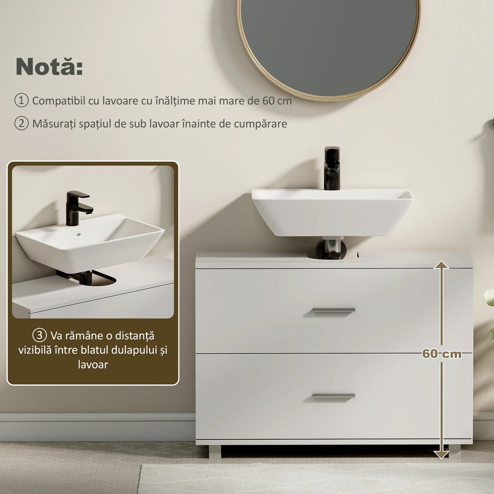 HOMCOM Dulap Sottolavabo pentru Baie cu 2 Sertare, Dulap Modern și Economisitor de Spațiu, 80x30x60 cm, Alb | Aosom Romania