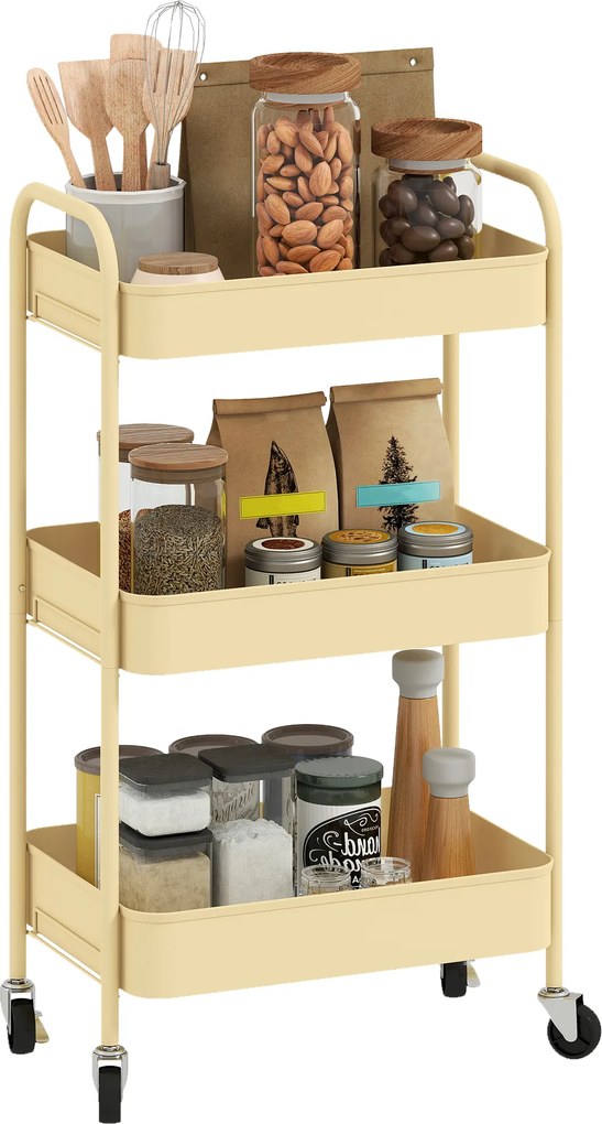 HOMCOM Cărucior auxiliar pe roți cu 3 niveluri Cărucior de bucătărie cu 3 coșuri și 2 mânere 45x30,6x79 cm Galben | Aosom Romania