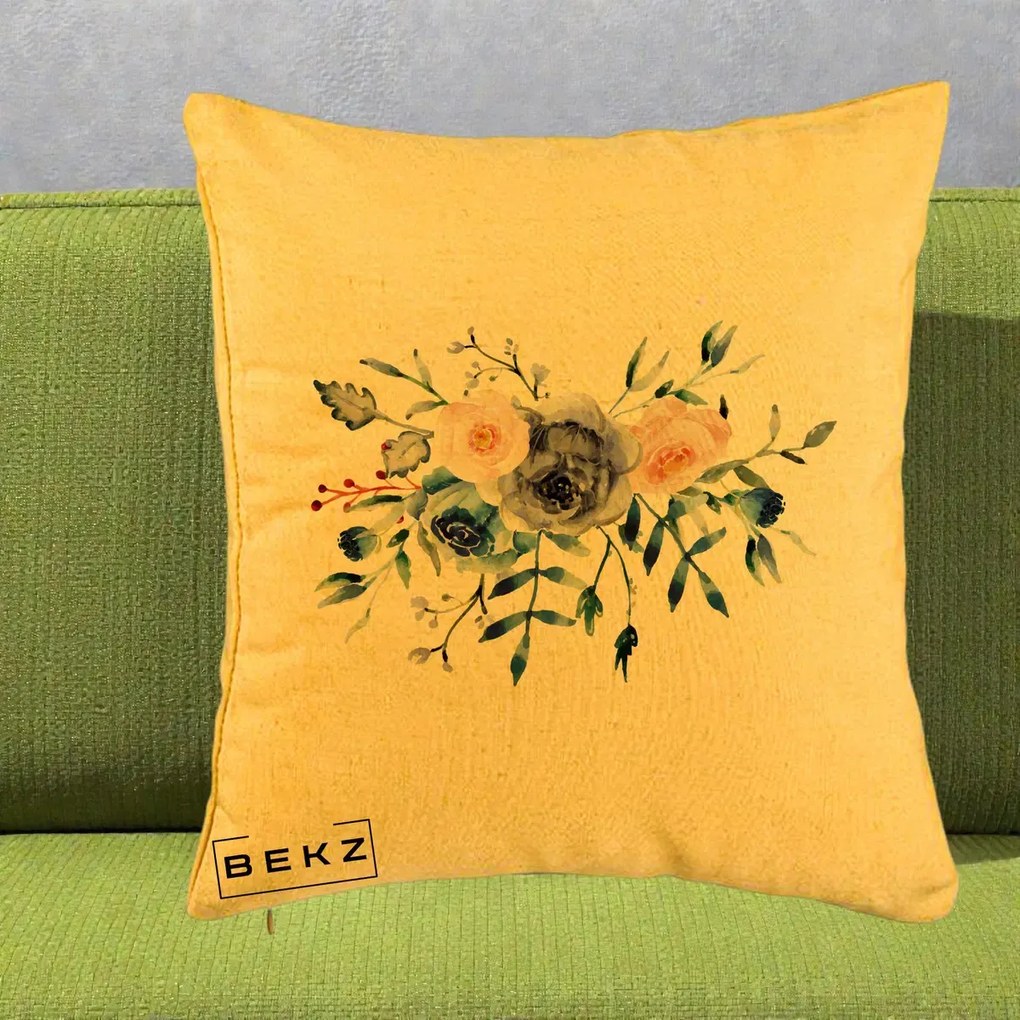 Perna Decorativa Buchet Flori Albastre Acuarela, 40x40 cm, Galben, Husa Detasabila, Perna Inclusa, BEKZ®