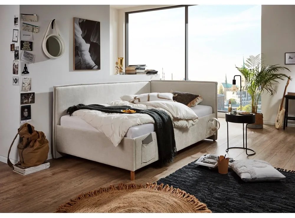 Pat pentru copii bej pe colț tapițat fără somieră 90x200 cm Fun – Meise Möbel