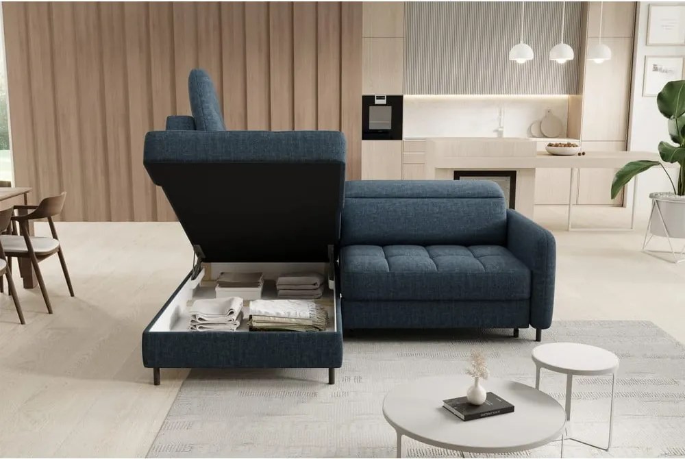 Colțar albastru extensibil/cu spațiu de depozitare cu tapițerie din catifea (cu colț pe partea stângă/în formă de ”L”) Barea – ELTAP