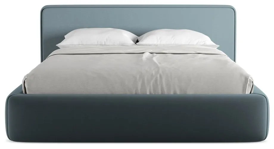 Pat matrimonial albastru tapițat cu spațiu de depozitare cu somieră 160x200 cm Kiana – Makamii