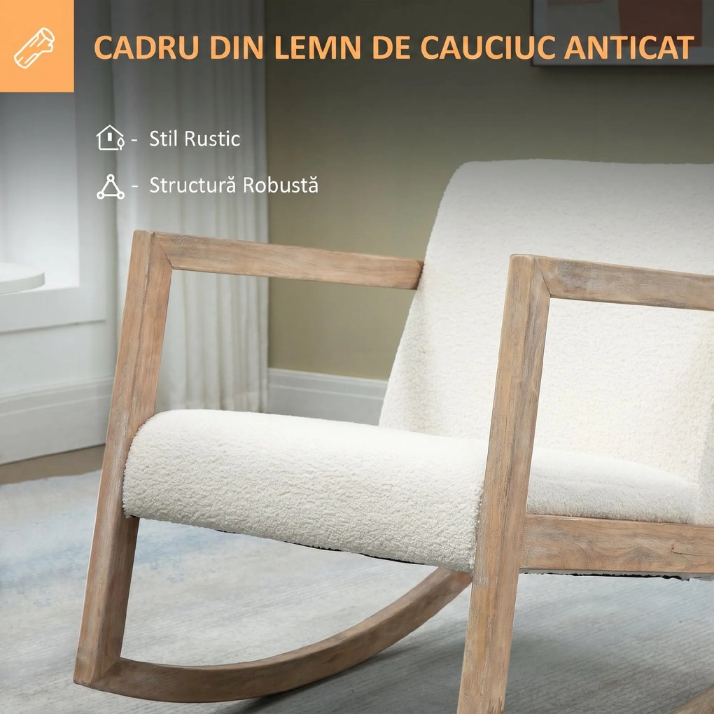 HOMCOM Scaun Balansoar Minimalist cu Pernuțe pentru Scaun și Spătar, Scaun pentru Sufragerie din Lemn de Caucciuc, Pluș și Spumă, 60x81x71 cm, Crem | Aosom Romania