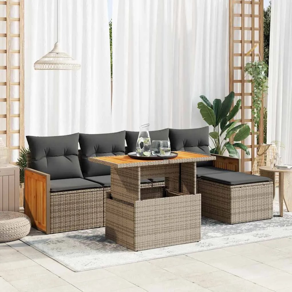 3327700 vidaXL Set mobilier grădină cu perne 6 piese gri poliratan/lemn acacia