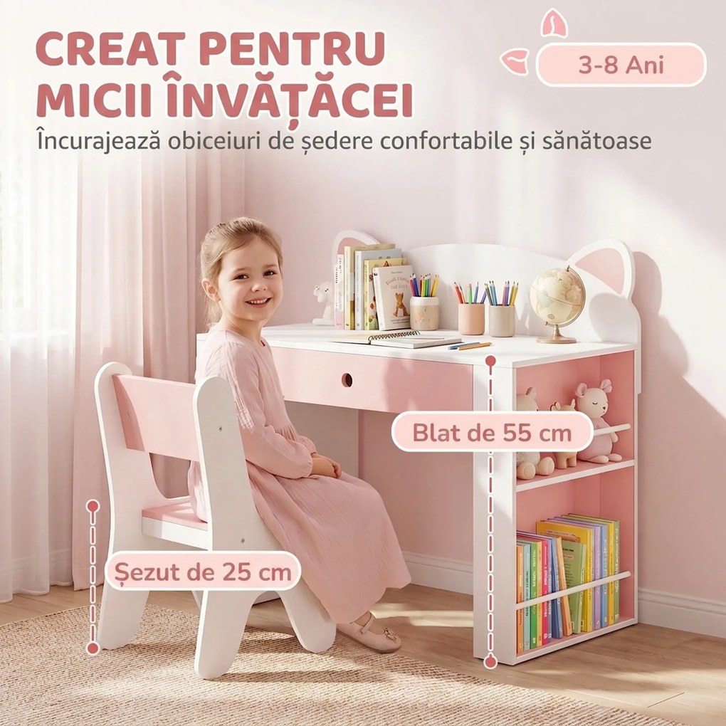 AIYAPLAY Set masă și scaun pentru copii, 3-8 ani, cu bibliotecă laterală, sertar și design vulpiță, alb | Aosom Romania