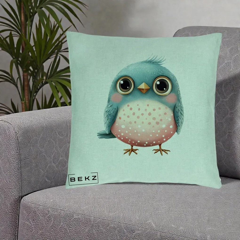 Perna Decorativa Pasare Teal-Roz cu Pete, 40x40 cm, Verde Menta, Husa Detasabila, Perna Inclusa, BEKZ®