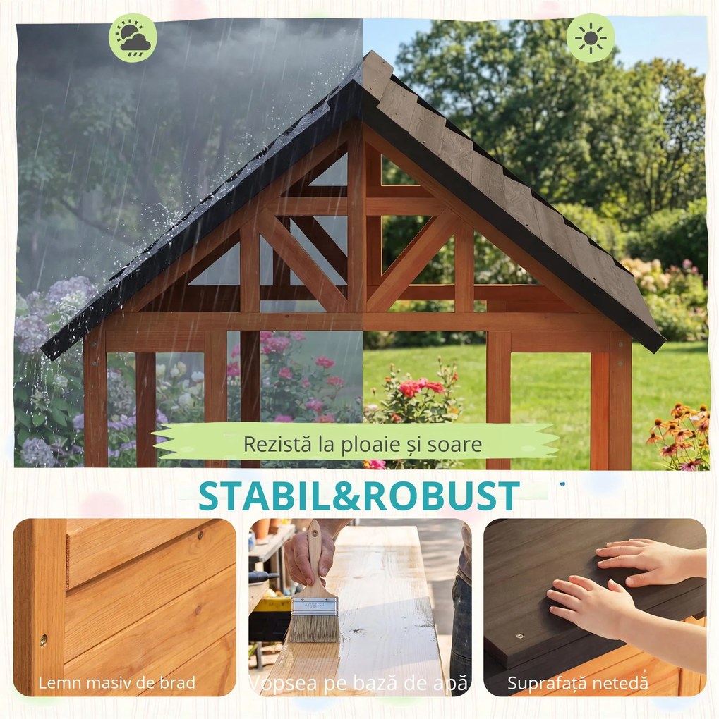 AIYAPLAY Casă de joacă pentru exterior din lemn cu masă bănci stație de spălat fereastră ușă suport ghiveci pentru 3-8 ani maro deschis | Aosom Romania