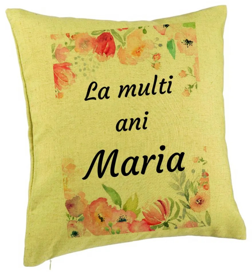 Perna Decorativa, Model La multi ani Maria 2, 40x40 cm, Verde, Husa Detasabila, Burduf