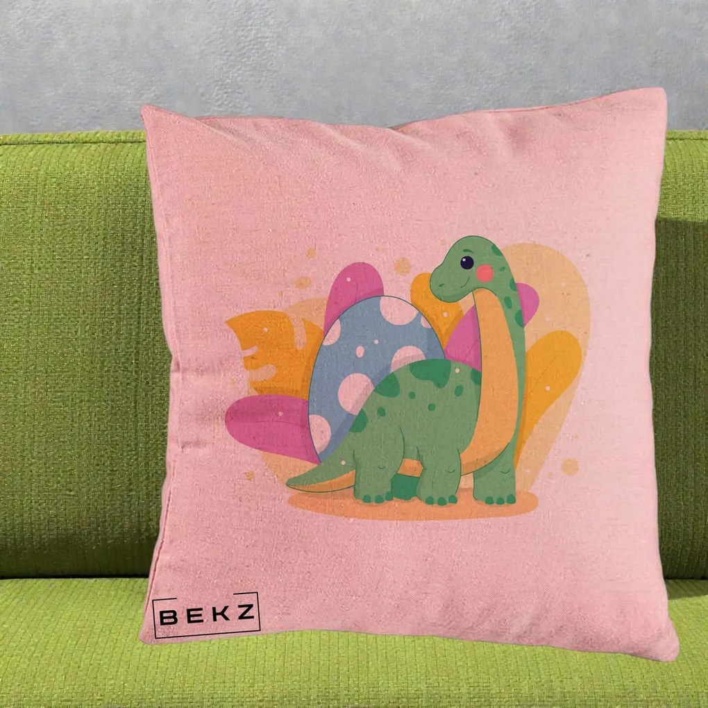 Perna Personalizata Dinozaur cu Ou Pastelat, 40x40 cm, Roz, Husa Detasabila, Perna Inclusa, BEKZ®