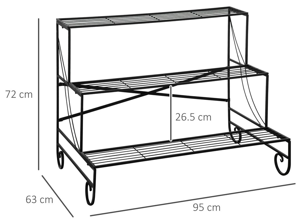 Outsunny Suport pentru Plante din Metal, Scară Suport pe 3 Niveluri pentru Ghivece de Grădina în Stil Vintage, 95x63x72 cm, Negru | Aosom Romania