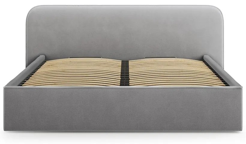 Pat matrimonial gri deschis tapițat cu spațiu de depozitare cu somieră 180x200 cm Elizabeth – Micadoni