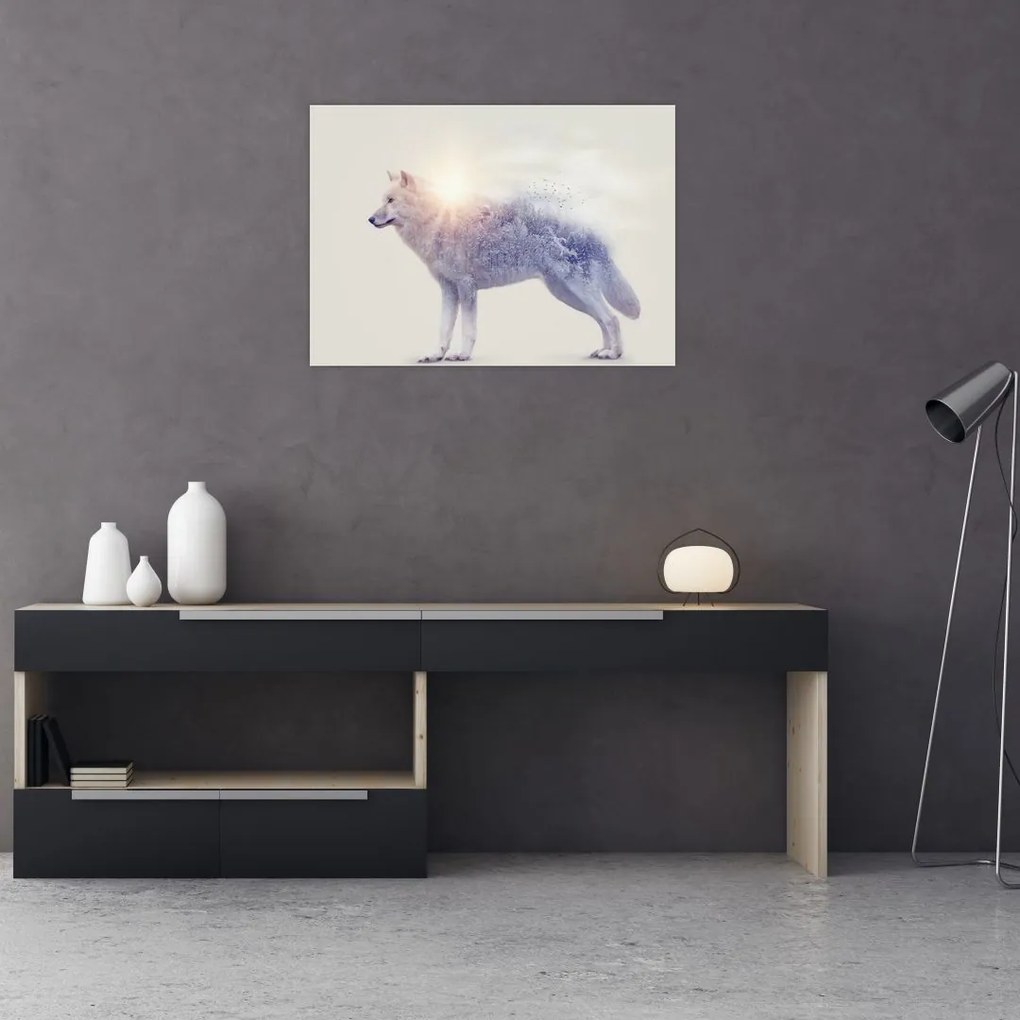Tablou pe sticlă - Lupul arctic oglindit în peisaj sălbatic (70x50 cm)