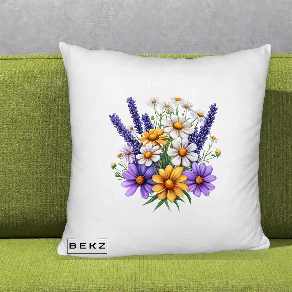 Perna Decorativa Lavanda Musetel si Flori Mov, 40x40 cm, Alb Pufos, Husa Detasabila, Perna Inclusa, BEKZ®