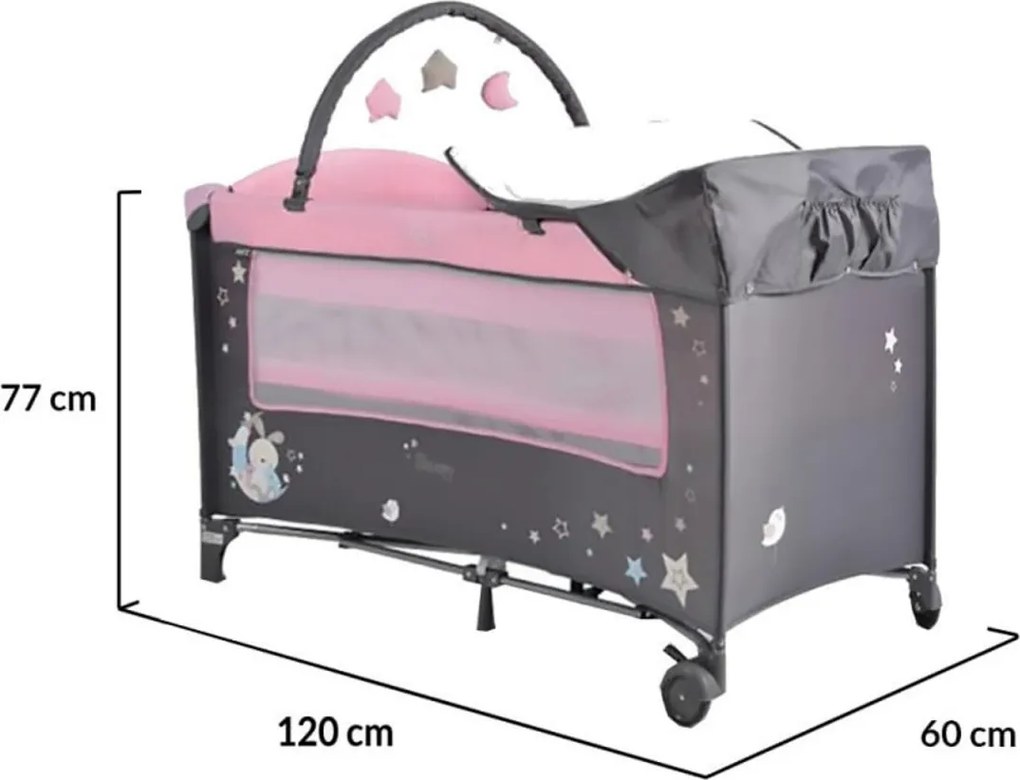Patut pliant transformabil in tarc copii NOVOKIDS™ Sleepy NEST, 60X120 cm, 2 Niveluri, Masa infasat, Jucarie Carusel cu jucarii din plus, Fermoar