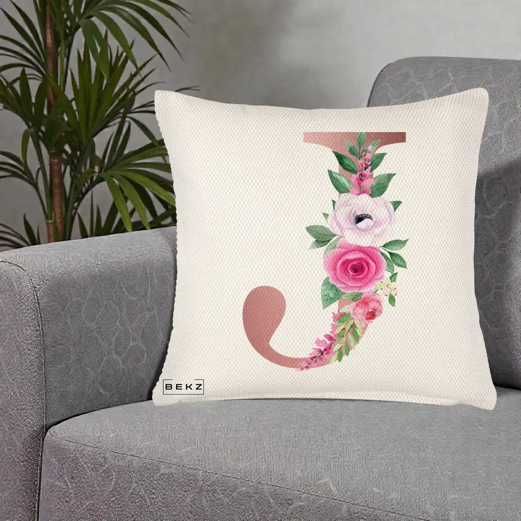 Cadou Personalizat - Perna Personalizata Monograma Rose Gold Litera J, 40x40 cm, Crem Reliefat, Husa Detasabila, Perna Inclusa, BEKZ®