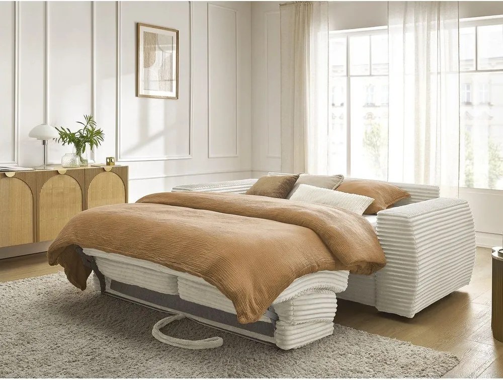 Canapea bej pentru dormitul zilnic/extensibilă cu tapițerie din catifea reiată 240 cm Hugo – Bobochic Paris