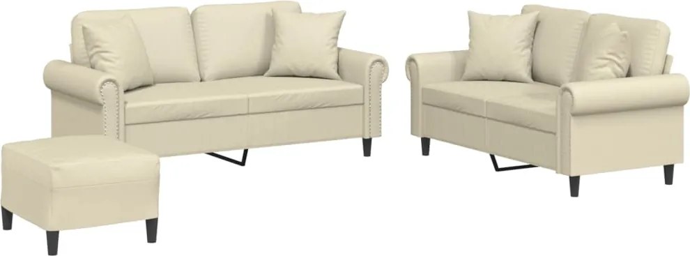 vidaXL Set de canapele cu perne, 3 piese, crem, piele ecologică