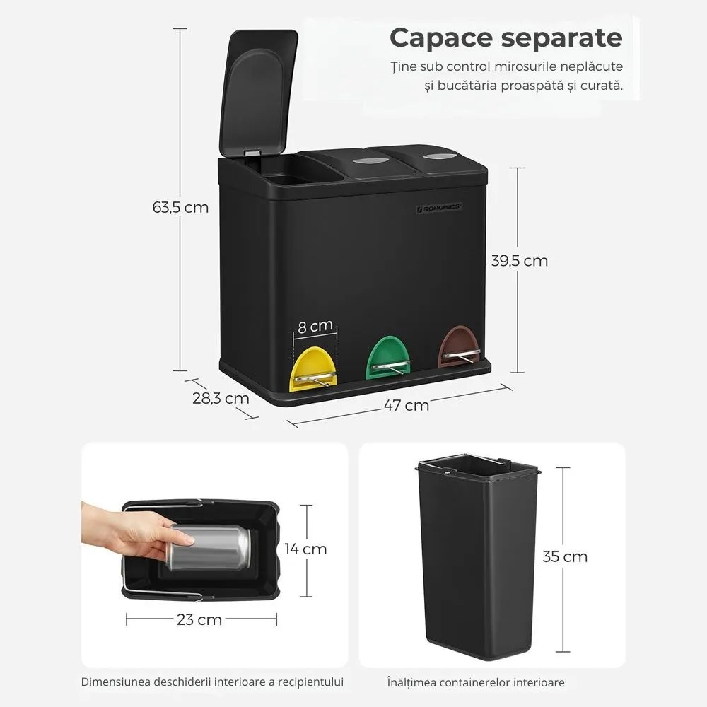 Coș de reciclare SORT 24L (3x8L), negru SongmicsHome