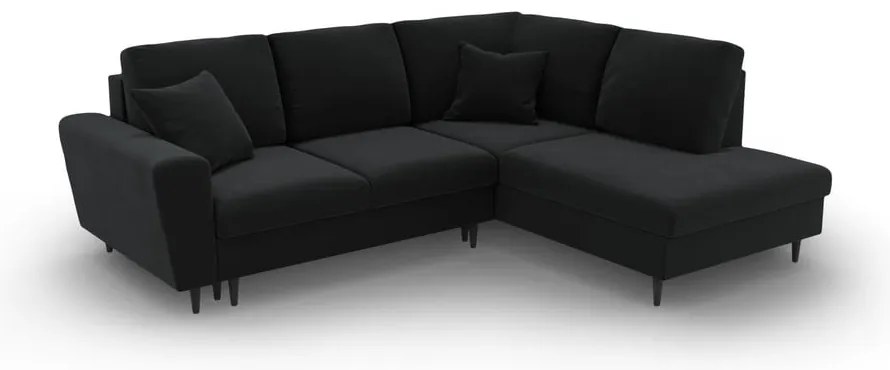 Colțar negru extensibil, cu spațiu de depozitare cu tapițerie din catifea (cu colț pe partea dreaptă-în formă de ”L”) Kyoto – Cosmopolitan Design