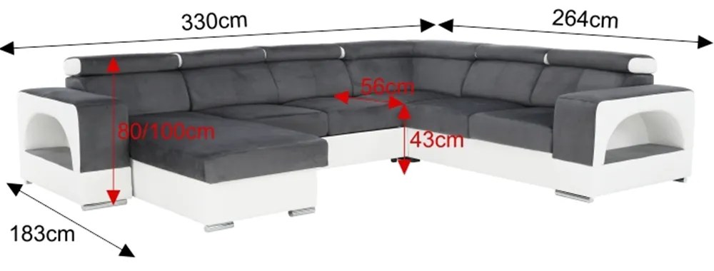 colţar în formă de U, piele ecologică albă/material textil gri, model stânga, KAMELIA