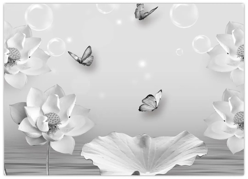 Tablou pe sticlă - Design flori și fluturi (70x50 cm)