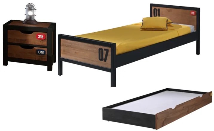 Set Mobilier Cameră Copii ALEX, 3 Piese, Pat 90x200 cm, Somieră Inclusă, Pin Masiv și Metal Negru – Vipack